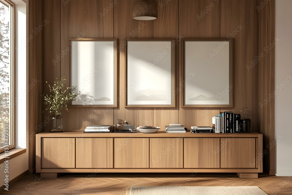 Wooden Living Room with Shelf and Decorative Posters Wooden Living Room with Shelf and Decorative Posters