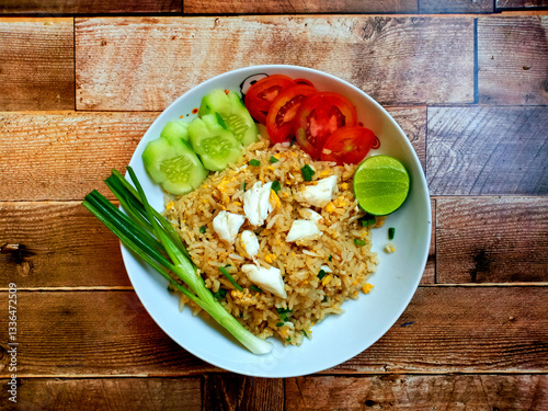 The Crab meat fried rice and vegetable on a wooden table.