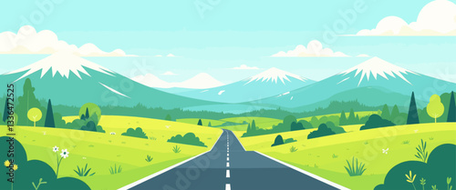 Scenic Road To Snow-Capped Mountains and Green Hills