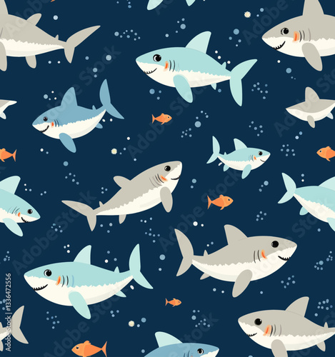 Smiling cartoon sharks and fish on dark blue backdrop