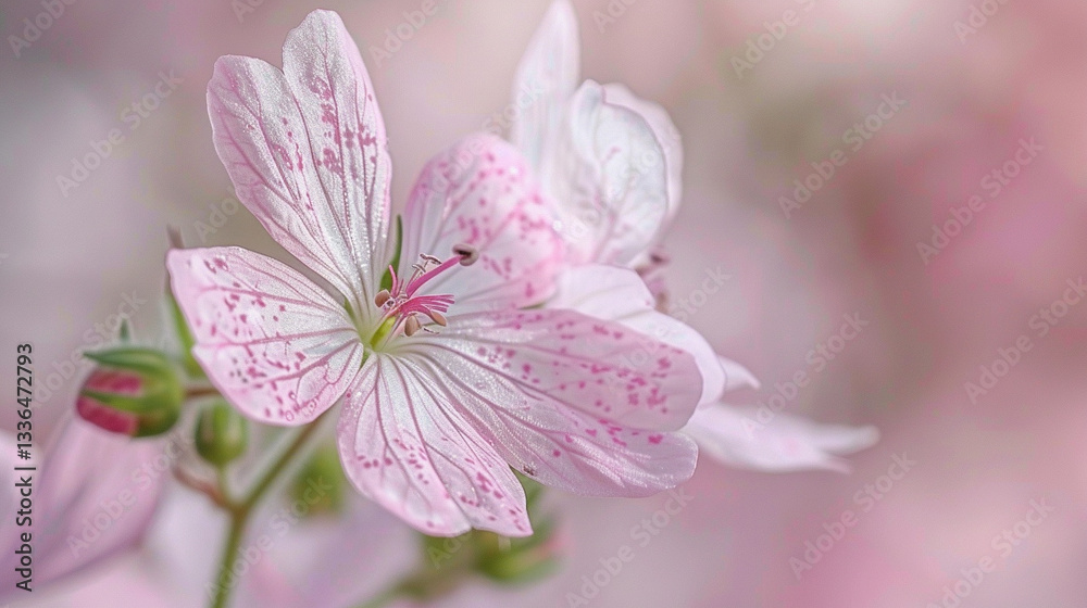 Full shot of a pink wild geranium, delicate five-petaled flowers with fine speckled details Full shot of a pink wild geranium, delicate five-petaled flowers with fine speckled details