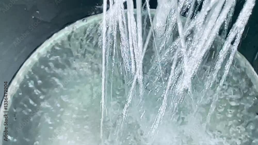 Slow motion footage of water overflow in a bucket or utensil causing wastage of water, water spillage, water motion, water dripping from the tap