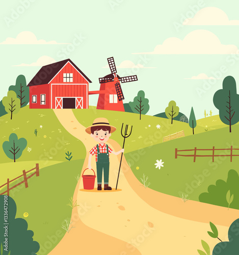 Smiling Boy Farmer with Barn and Windmill Background