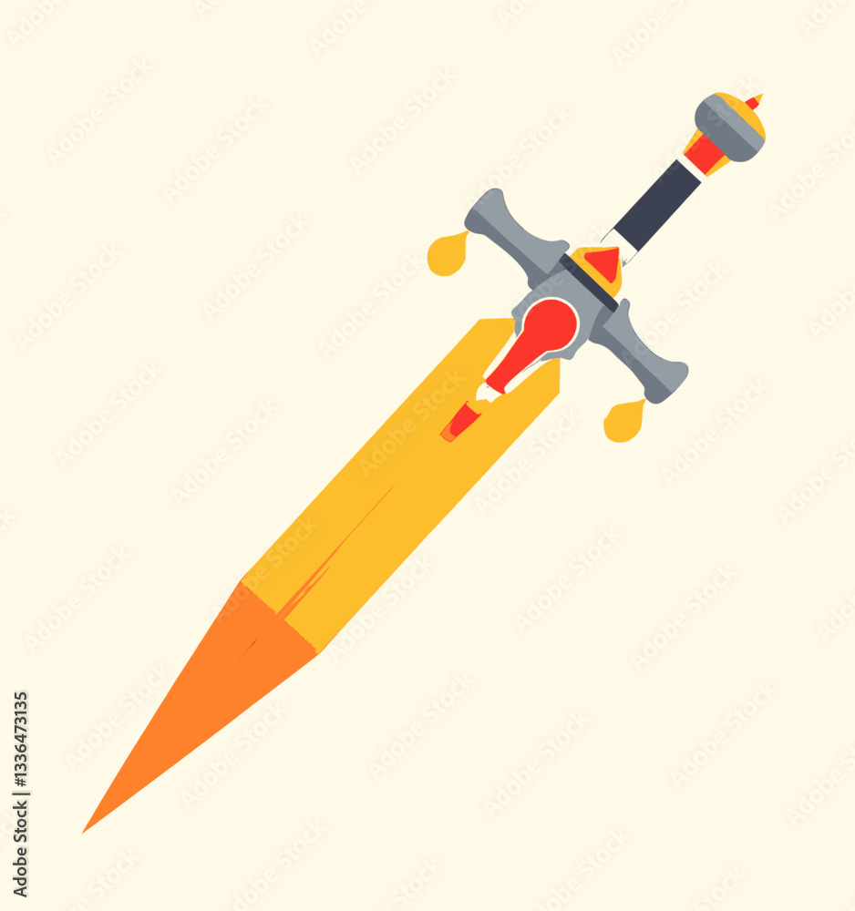 Stylized Gold Sword with Red Accents on Cream Background Stylized Gold Sword with Red Accents on Cream Background