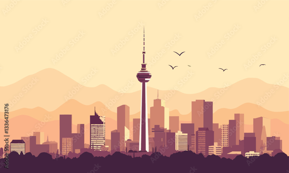 Obraz premium Stylized Skyline View with Fernsehturm and Birds