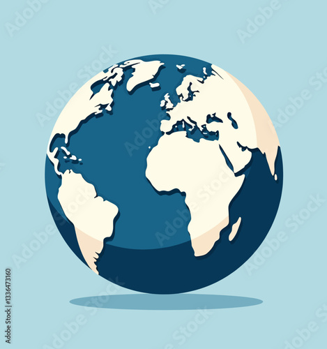 Stylized globe showing the continents in cream on blue background