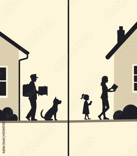 Suburban Life: Mailman, Dog, and Family Silhouettes by Houses