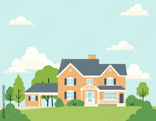 Suburban Home with Carport, Green Lawn, Light Blue Sky