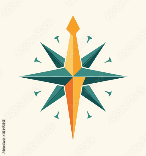 Teal and yellow compass rose on beige background