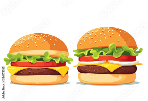 Two Cartoon Burgers with Lettuce, Tomato, and Cheese