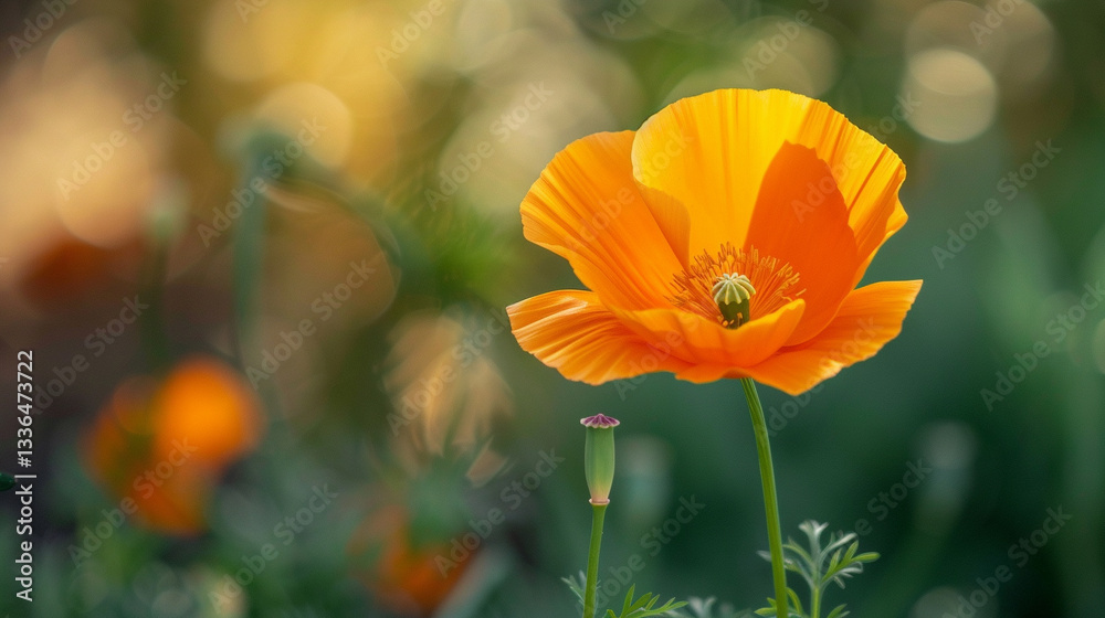 Fototapeta premium Full shot of a vibrant orange California poppy (Eschscholzia californica), delicate petals glowing in golden sunlight