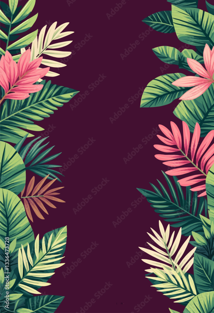 Fototapeta premium Tropical Green and Pink Flower Border on Maroon Background