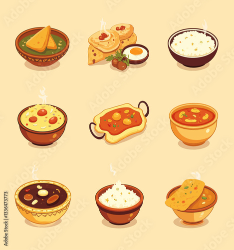 Various steaming Indian cuisine dishes on a beige background