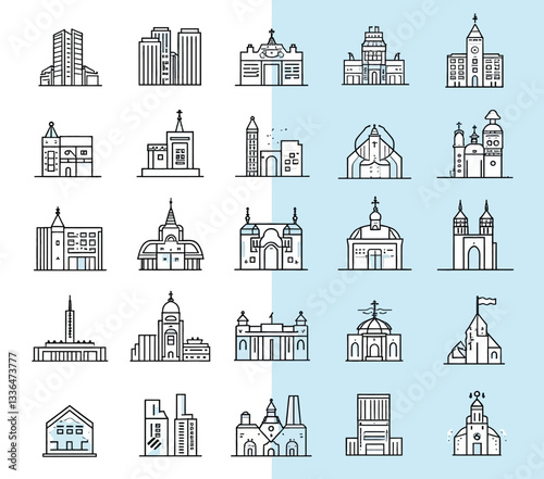 Vector cityscapes architecture icons on light blue background