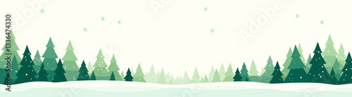 Winter scene with green pine trees and falling snowflakes