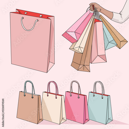 Minimalist Colorful Shopping Bags Vector Illustration for Retail, Sale and Gifts