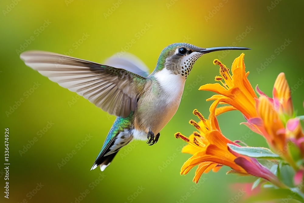 Naklejka premium Hummingbird flying and drinking nectar from orange flower