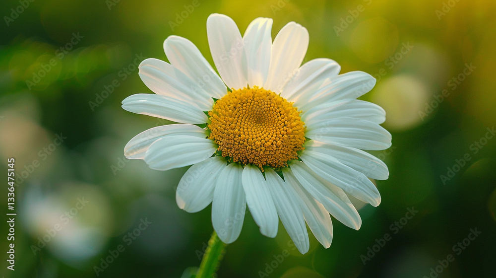 Full shot of a white wild daisy (Leucanthemum vulgare), radiant floral bloom with classic yellow center Full shot of a white wild daisy (Leucanthemum vulgare), radiant floral bloom with classic yellow center