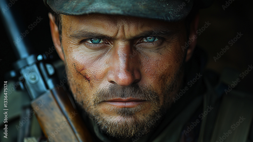 Intense soldier displaying resilience with rifle in a rugged setting Intense soldier displaying resilience with rifle in a rugged setting
