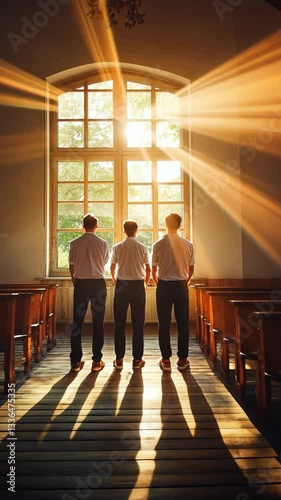 Three individuals in white shirts stand in a sunlit church, shadows stretching along the wooden floor