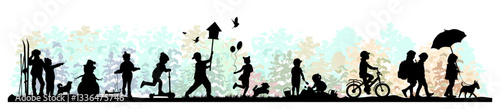 Children silhouettes in four seasons on white background. Little boys and girls playing outdoor. Vector illustration.	
