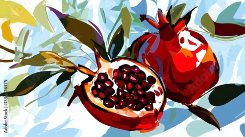 Stunning Pomegranate Still Life: A Vibrant Abstract Fruit Painting