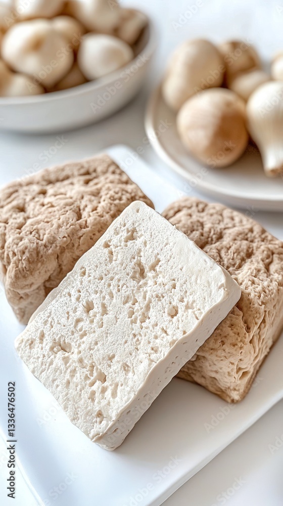Sliced tofu and mushrooms arranged on white plates in food photography Sliced tofu and mushrooms arranged on white plates in food photography