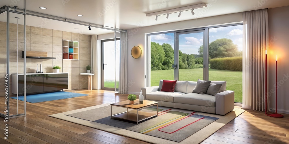 Fototapeta premium Modern Open Plan Living Room Design Featuring Glass Partition, Hardwood Floors, and Expansive Garden Views