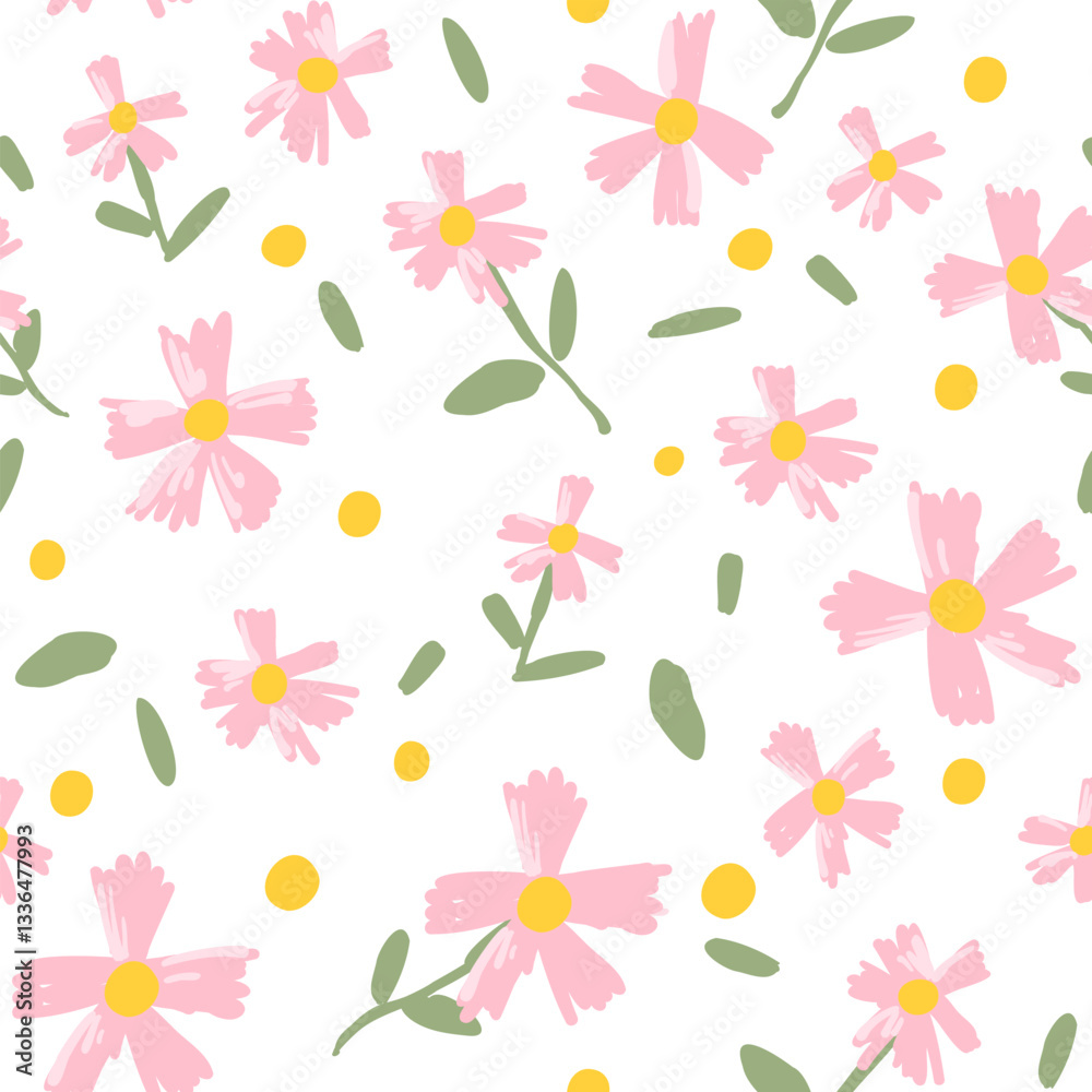 custom made wallpaper toronto digitalWhite background with a scattered pattern of pink flowers, yellow centers, and green leaves, ideal for floral-themed projects and decor.
