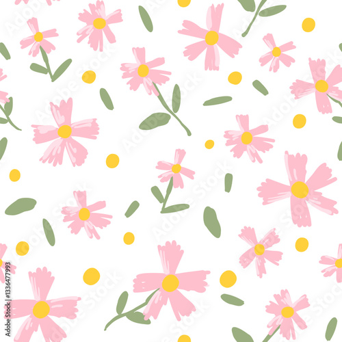 Wallpaper Mural White background with a scattered pattern of pink flowers, yellow centers, and green leaves, ideal for floral-themed projects and decor. Torontodigital.ca