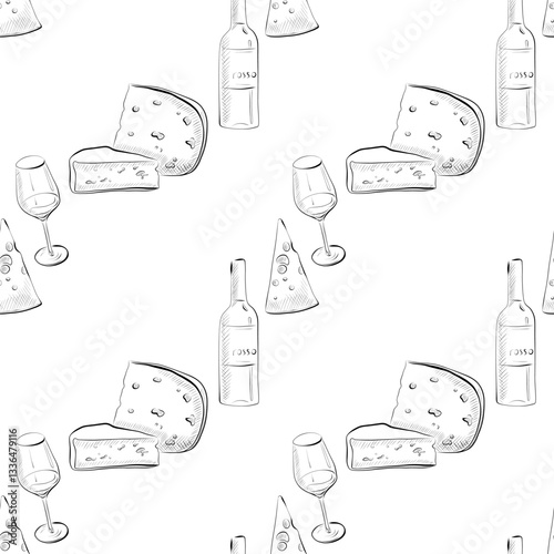 vector seamless pattern line art elements - food, wine, glass, cheese