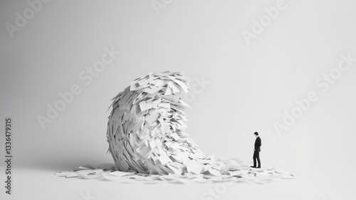 A wave of office paper symbolizes bureaucracy and swallows a businessman. Bureaucracy dismantle - danger concept.