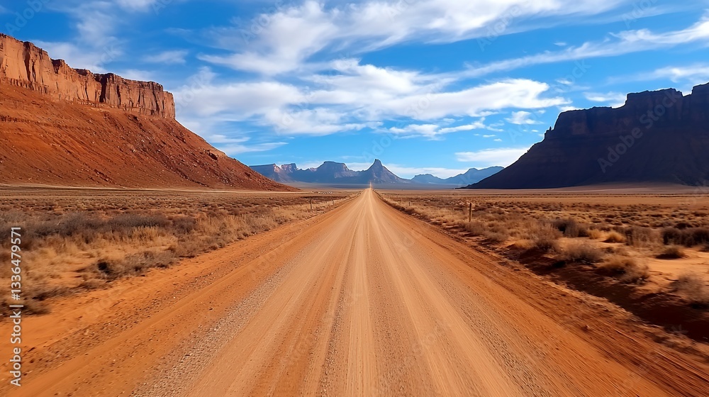 Fototapeta premium Dirt Road Leading Through Red Rock Canyon Under Blue Sky in Utah Desert