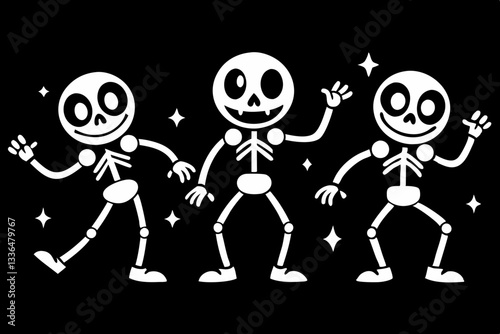 cartoon dancing skeleton set line art silhouette vector illustration