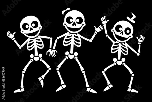 cartoon dancing skeleton set line art silhouette vector illustration