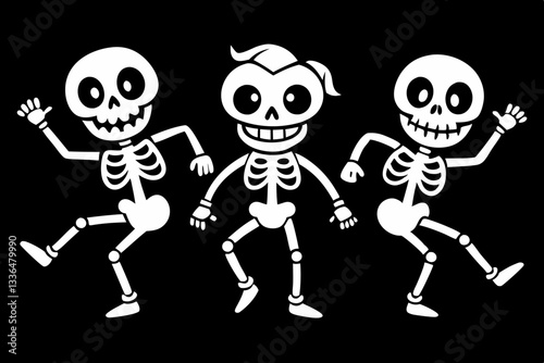 cartoon dancing skeleton set line art silhouette vector illustration