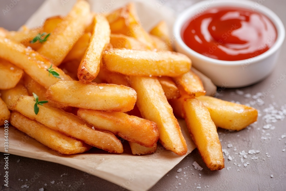 French fries with ketchup and thyme on baking paper French fries with ketchup and thyme on baking paper