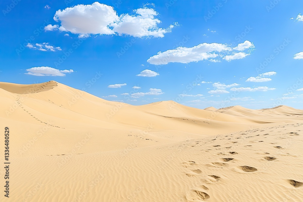 Vast desert landscape under a clear sky. Footprints across the sand dunes Vast desert landscape under a clear sky. Footprints across the sand dunes
