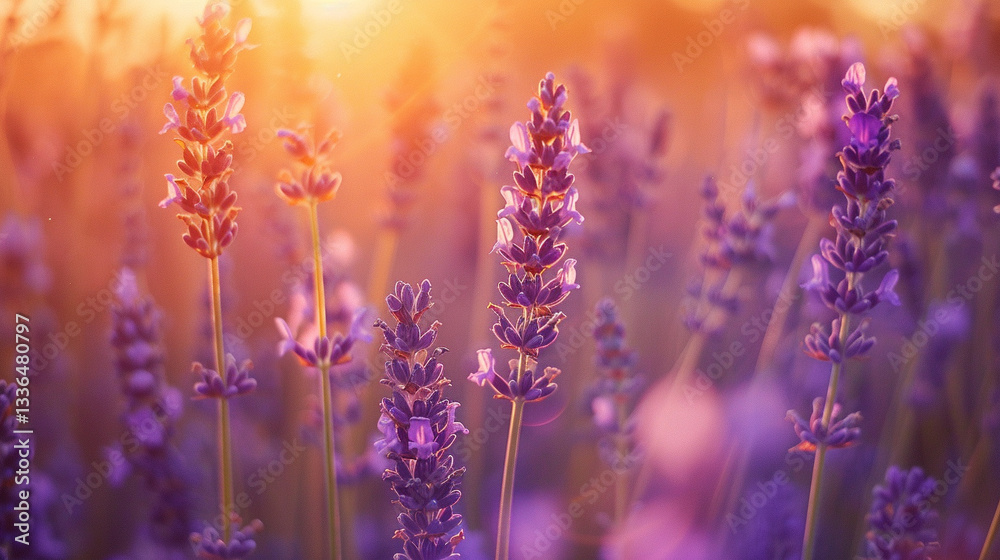 Fototapeta premium Wide shot of a field of wild lavender, aromatic purple spikes blooming in the countryside