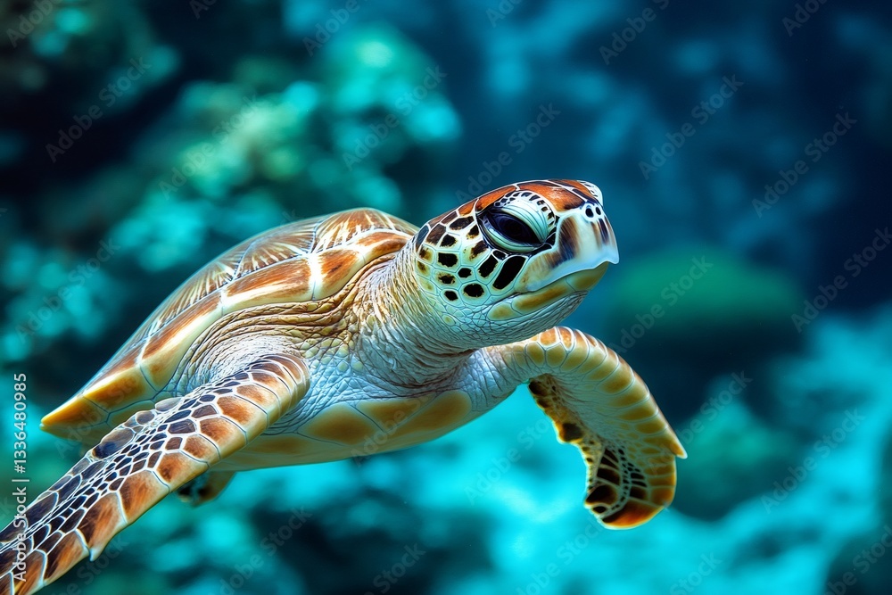 Fototapeta premium Sea turtle swimming in turquoise water near coral reef