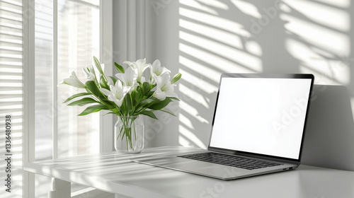 Laptop with blank screen and white lilies on bright desk