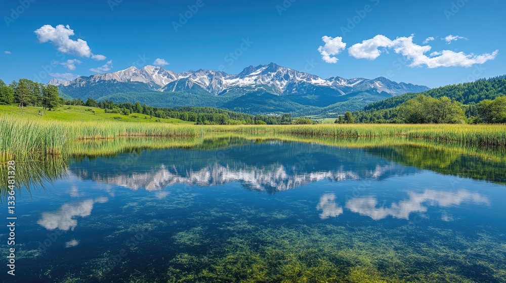 A beautiful mountain range is reflected in clear still water A beautiful mountain range is reflected in clear still water