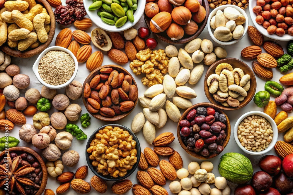 Miniature vegan nuts, a healthy snack, photographed from above. Miniature vegan nuts, a healthy snack, photographed from above.