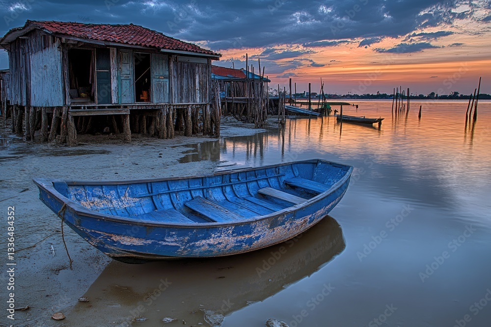 Rustic waterfront cabin at sunset with a blue boat. Tranquil evening scene on the shoreline Rustic waterfront cabin at sunset with a blue boat. Tranquil evening scene on the shoreline