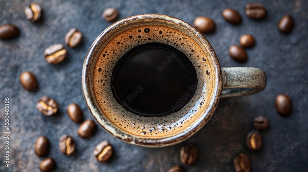 Topdown shot of a freshly brewed cup of black coffee kitchen table photograph warm environment aerial view gigapixel quality Topdown shot of a freshly brewed cup of black coffee kitchen table photograph warm environment aerial view gigapixel quality