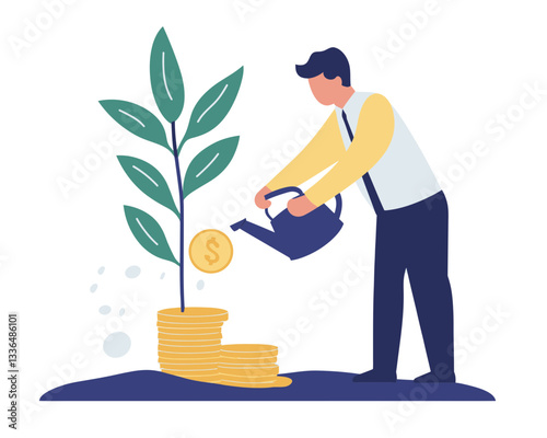 Investor Watering Money Plant Growing from Dollar Coin Stack, Concept of Wealth Management, Profit Growth, Investment, Savings, and Pension Fund in Flat Minimalist SVG Vector