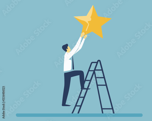 Businessman Climbing Ladder to Add Fifth Star for Top Rating - High Quality Review and Excellent Business Reputation, Customer Feedback Rating Concept, Minimalist Vector Illustration