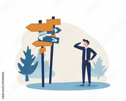 Confused Businessman Facing Multiple Road Signs for Career Path and Decision Making in Flat Minimalist Style Vector Illustration
