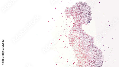 Abstract Pregnant Woman with Embryo Side View Vector Low Poly Wireframe Illustration on White Background - Pregnancy Medical Concept with Connected Dots and Triangle Shapes in Minimalist SVG Style