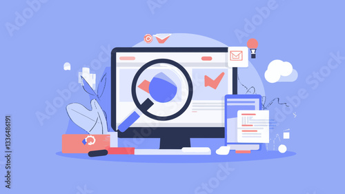SEO and Digital Marketing Concept Vector - Magnifying Glass and Analytics on Computer Screen with Marketing Elements and Icons